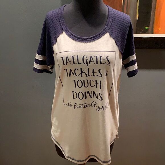 Maurices heather gray, navy waffle short sleeve football theme graphic tee shirt - Picture 3 of 7